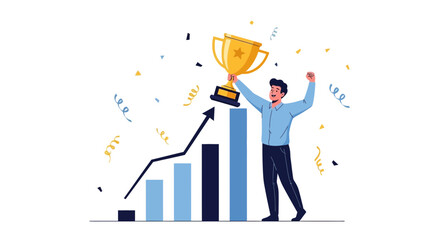 Achieving Business Victory, Celebrating Success, Award Trophy, Financial Growth Boost