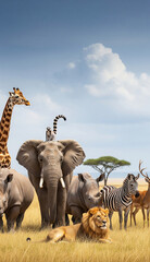 Fototapeta premium A variety of wild animals standing together on the african savanna.
