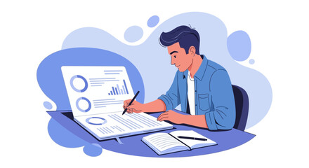 Analyst Working On Charts And Notebook For New Business Strategies And Studies.