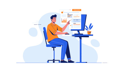 Analyst Working On The Computer, Analyzing Charts And Data, Showing An Improvement