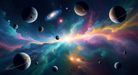 Vibrant outer space nebula with planets and stars