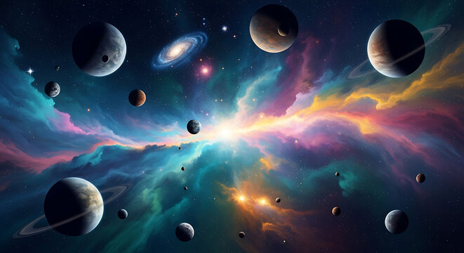 Vibrant outer space nebula with planets and stars