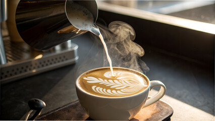Artistic latte art poured into a steaming white coffee cup, creating a perfect morning ritual moment bathed in warm sunlight.