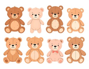 Cartoon teddy bears in various hues, arranged on a white background