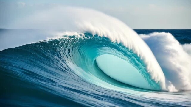 Powerful ocean wave cresting, forming barrel shape with white foam, blue water, illustrating dynamics of aquatic nature and coastal environments