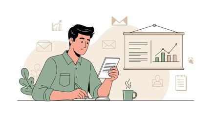 Business Analyst Crafting Report and Observing Chart Trends for Success and Analysis