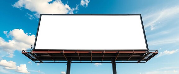 Clear platform billboard on sunny day with blue sky, signage, advertisement