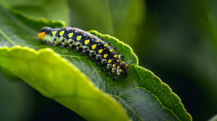 Colorful caterpillar on green leaf