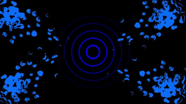 Blue Target Symbol with Abstract Splashes on Black Background concentric circles. Futuristic blue target with splashes, showcasing concentric circle design and abstract digital patterns.