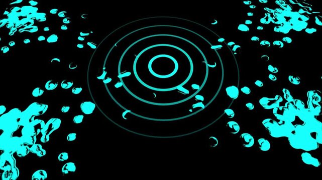 Cyan Concentric Circles and Splashes on Black Background abstract blue. Futuristic cyan concentric circles with splashes, highlighting abstract digital patterns and energy.