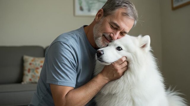 A Heartwarming Moment of Connection: An Affectionate Elderly Man Enjoys Quality Time with His Beloved Samoyed Dog in a Cozy Indoor Setting