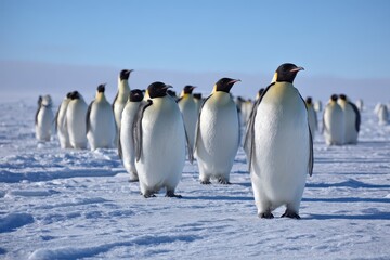 Obraz premium Emperor penguins gather on the sea ice of the Weddell Sea under a clear blue sky in Antarctica during the winter months