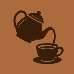 Minimalist Teapot Pouring Hot Drink Into Cup – Silhouette Vector on Brown Background