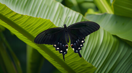 Black butterfly on green leaf