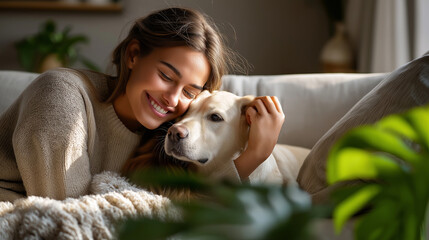 Plakat Happy young woman enjoying a warm, cozy moment with her golden retriever at home, showing love, companionship, and the joy of bonding with pets in a relaxed environment.