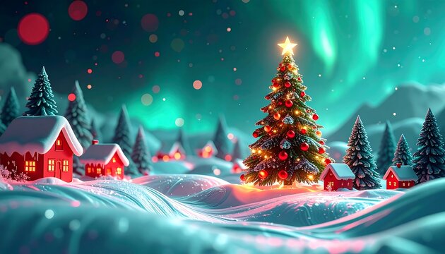 Enchanting Winter Landscape Featuring Northern Lights Over a Snowy Pine Forest at Christmas Time