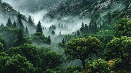 Lush green forest with trees and fog covering mountains in the background.