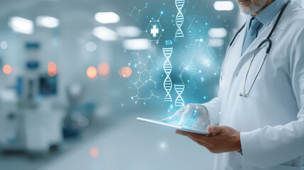 Doctor examining dna genetics data on digital tablet