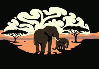 African Elephants Under Dramatic Sunset in Savanna Landscape