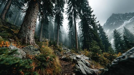 Forest with tall trees and mountain backdrop under overcast sky.