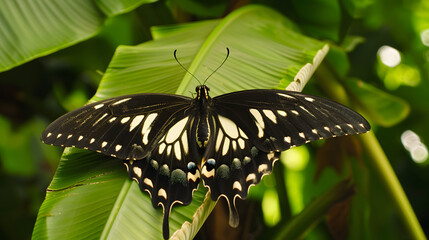 Black butterfly on green leaf