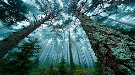 Tall trees reach skyward in a dense forest with a misty atmosphere.