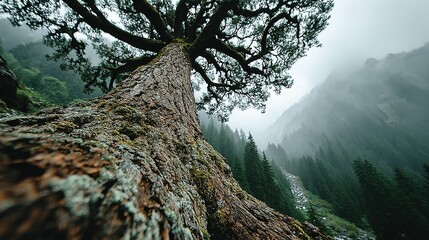 Large tree trunk rises toward sky in a misty forest environment.