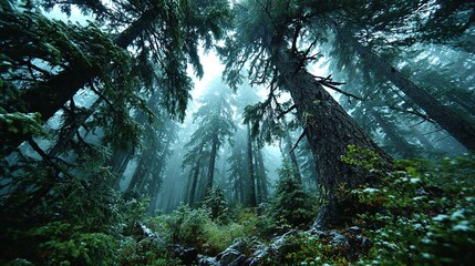 Forest view looking up at tall trees with fog and green foliage.