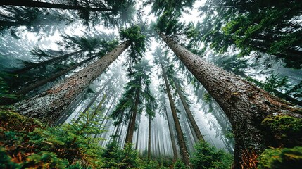Low angle view of tall trees in a forest with green foliage.