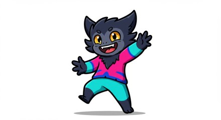 Cheerful cartoon wolf cub dancing on white background