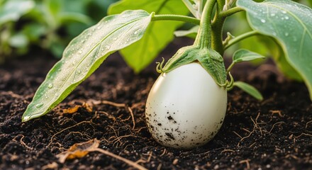 Close-up of a young white eggplant in soil