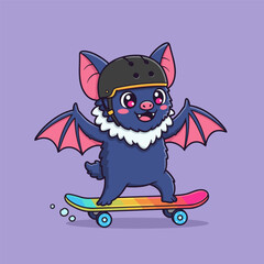 A cute, funny cartoon cat with a big smile as a Halloween monster illustration vector silhouette at night with a bat