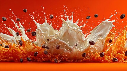 Milk splash with coffee beans on orange background.