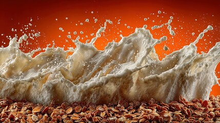 Liquid splash on brown surface against orange background.