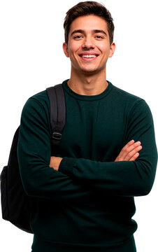 Smiling Young Man with Backpack and Crossed Arms Jovem sorridente com mochila e bracos cruzados