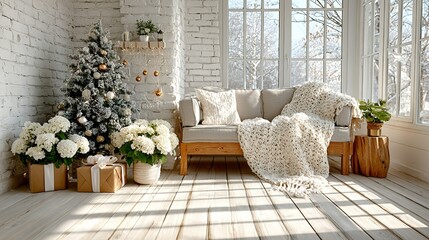 Christmas tree gifts sofa and flowers in bright room with window and sunlight.