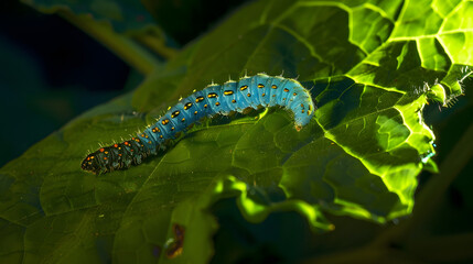 Blue caterpillar on green leaf