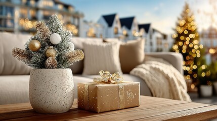Christmas decorations on a table with a sofa and houses in the background.