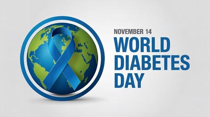 World diabetes day graphic featuring earth globe and blue ribbon for november fourteenth awareness