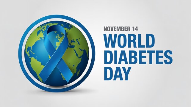 World diabetes day graphic featuring earth globe and blue ribbon for november fourteenth awareness - Powered by Adobe