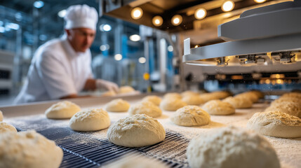 Skilled baker shaping fresh dough balls on a conveyor in an industrial bakery, surrounded by modern baking machines, representing precision, craftsmanship, and food production technology.
