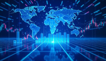 Dynamic Blue World Map and Trading Charts Visualizing Digital Financial Growth Strategy