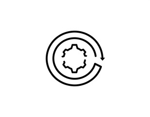 Abstract gear icon surrounded by a looping arrow on a white background
