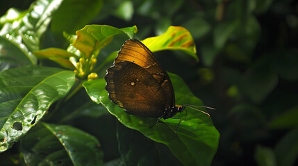 Butterfly perched on green leaf