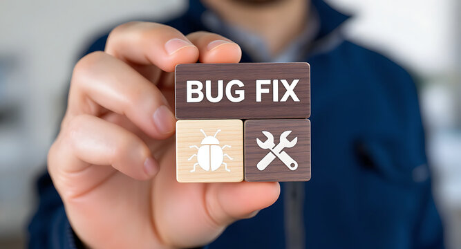 BUG FIX. Man fix computer, deleting malware, virus, bug or system error. System administrator fixing program code