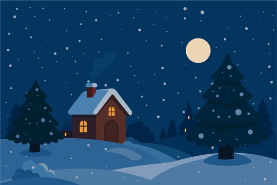 Peaceful Winter Night Landscape with Cozy Cabin and Snowfall