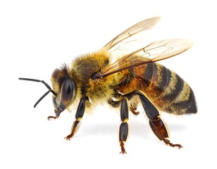Close-up of a honeybee, side view, isolated on white, with wings spread