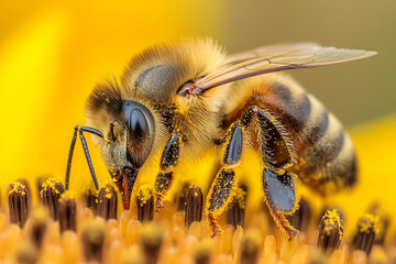 A macro shot of a honeybee collecting pollen from a vibrant sunflower