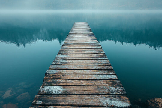 A Lonely Wooden Pier Reaching Into a Glassy Lake A weathered pier extends into serene waters, inviting contemplation