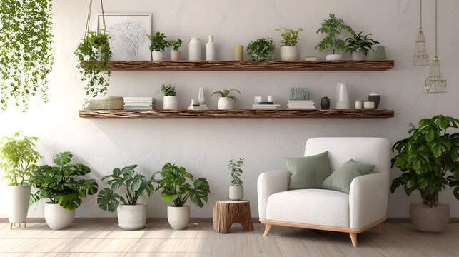 A modern living room interior with a decorative shelf of plants.